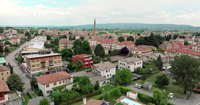 Exploring Cornuda from Above: Aerial Cityscape View of Architectural Houses in Urban Landscape. High quality 4k footage