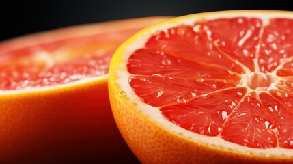 High detail image of vibrant grapefruit and orange halves on a black background, showcasing freshness and natural texture.