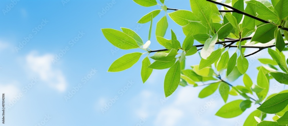 Aufkleber view from below of green leaves against a blue sky with copy space image, focusing on the green leav