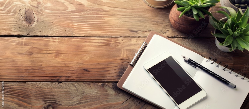 Poster Top view of a wooden office desk showcasing a notebook and smartphone with ample copy space image available.