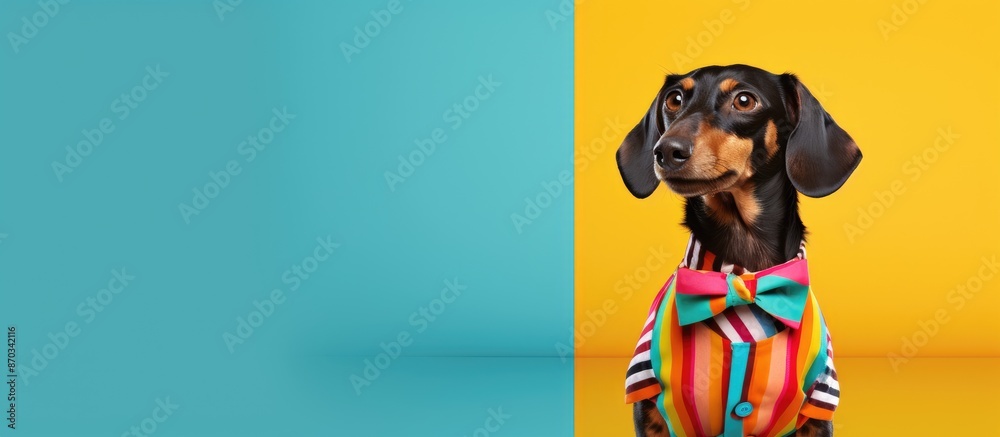 Poster a dog standing upright in vibrant attire with a background suitable for text or artwork, a 'copy spa