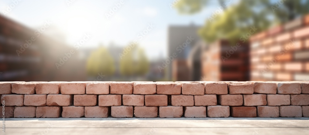 Aufkleber Foreground-focused side view of a brick wall at a construction site with a clear area for text or image placement, known as copy space image.