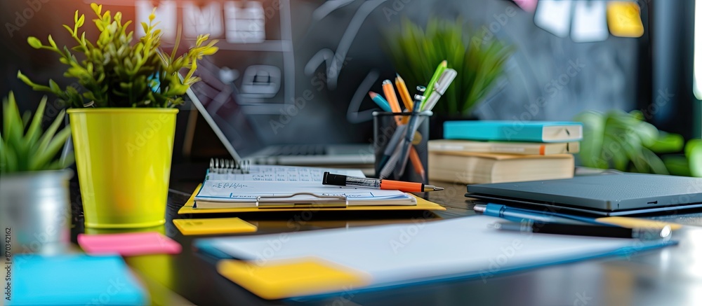 Aufkleber Office desktop with a notepad and pushpin on it, creating an organized setup with copy space image.