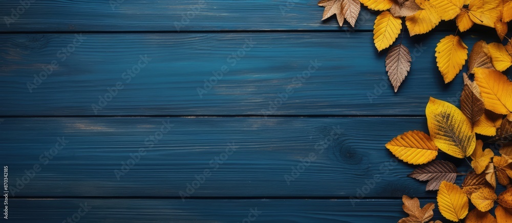 Aufkleber Top view of a vintage background with a structured blue backdrop on the left side, framed by autumn leaves in yellow and orange, offering a copy space image for your design or product display.