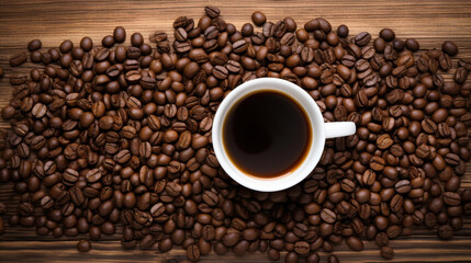 Enjoy a cup of freshly brewed coffee on a rustic wooden table surrounded by scattered coffee beans.