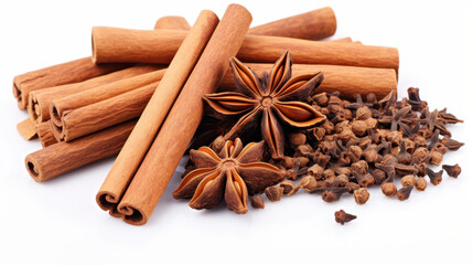 A closeup of aromatic cinnamon sticks and star anise on a white background, perfect for culinary use.