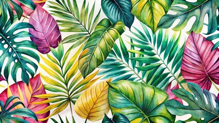 Naklejka premium Vibrant, exotic, and lush tropical leaves in shades of green, pink, and yellow, on a soft watercolor background, isolated on white.