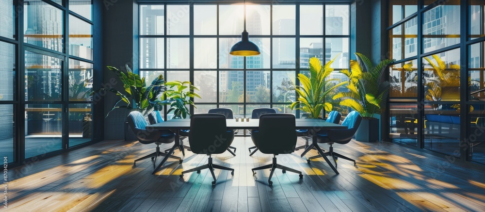 Poster Well-lit meeting room in co-working space with ample copy space image to display.