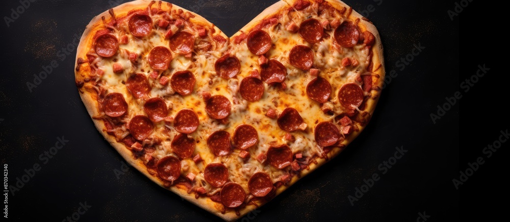 Aufkleber Valentine's Day heart-shaped pepperoni pizza on black background from top view with space for text. with copy space image. Place for adding text or design