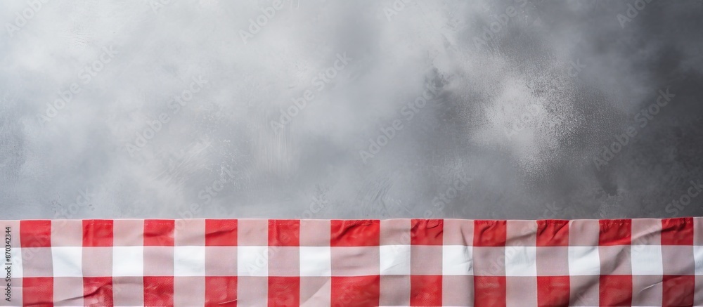 Leinwandbilder Checkered kitchen tablecloth showcased from above on a concrete backdrop, perfect for adding text or graphics with the copy space image.