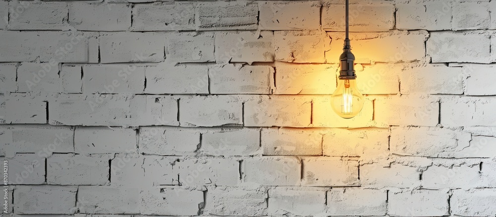 Poster a brown-colored lamp hangs on a white brick wall. with copy space image. place for adding text or de