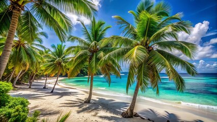 Obraz premium Palm trees sway gently in the breeze, overlooking a serene turquoise ocean surrounded by lush greenery and powdery white sand beach.