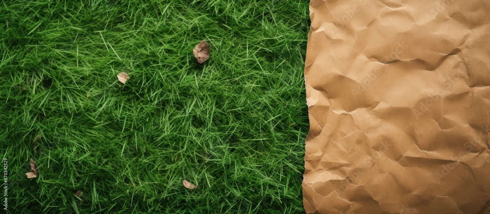 Poster brown paper torn on a green grass background with copy space image.