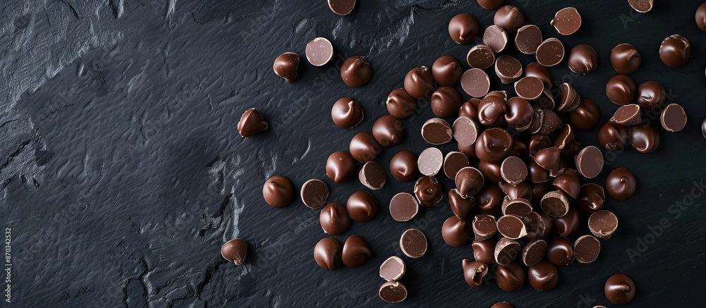 Poster chocolate candies on a black backdrop with scattered chocolate chips for a copy space image.