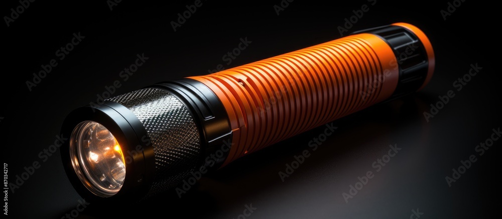 Poster An orange flashlight illuminated with a beam on a black background, creating a striking contrast in the copy space image.