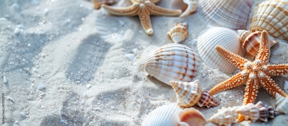 Aufkleber seashells scattered on sandy beach with ample copy space image ideal for a summer holiday backdrop.