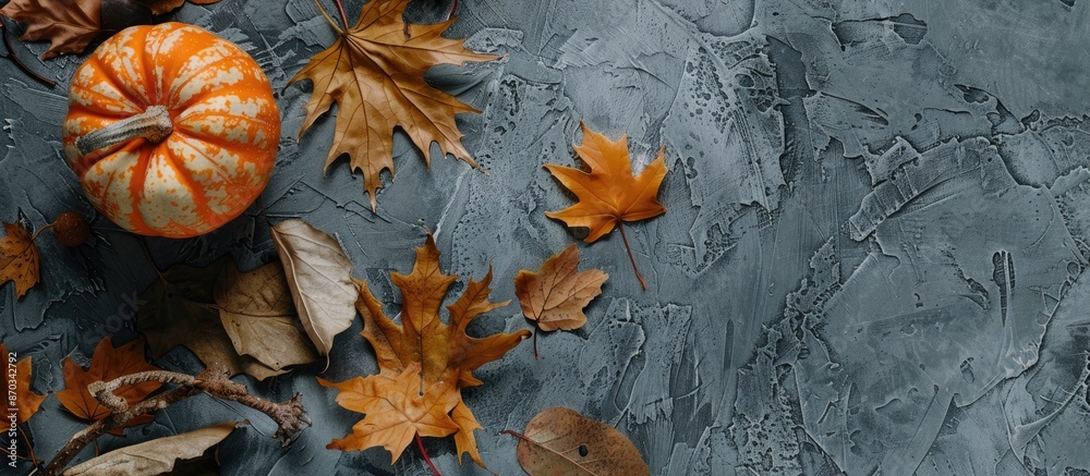 Poster a thanksgiving-themed flat lay arrangement featuring dry leaves and a pumpkin on a gray stone backdr