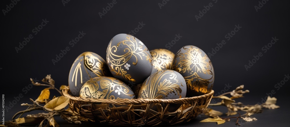 Aufkleber Gold patterned Easter eggs in a basket on a gray background, creating a festive copy space image.