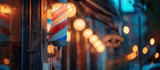 blurred image Barbershop. Vintage window pole for barbershop. Illuminated barbershop pole sign. beautiful barbershop post light. with copy space image. Place for adding text or design