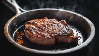 Roasted pork steak in frying pan on black background