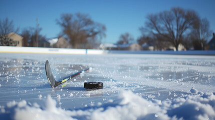 Hockey stick with puck on the ice during a sunny winter day
