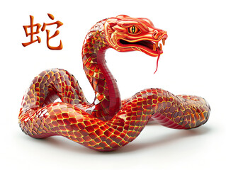 Fototapeta premium 2025 Chinese New Year, Year of the Snake. Gold and red snake 3d. Lunar new year theme, white background. Тranslation: snak