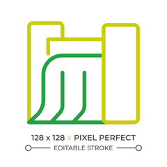 Hydroelectric station two color line icon. Water dam bicolor outline symbol. Hydroelectricity. Renewable water energy. Duotone linear pictogram. Isolated illustration. Editable stroke