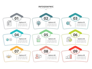 Infographic design template. Timeline concept with 9 options or steps template. layout, diagram, annual, report, presentation. Vector illustration.