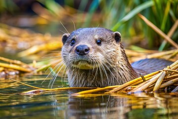 wild otter swim in freshwater marsh