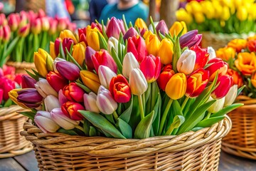 fresh tulip flowers in basket in market