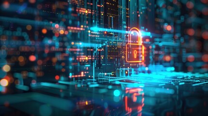 A close-up of a padlock icon on a computer screen, symbolizing secure data storage and encryption. The background features a blurred office setting, with hints of modern technology and digital