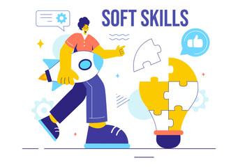 Vector Illustration of Office Workers Demonstrating Soft Skills of Empathy, Communication, Idea Development, Skill, and Education in a Flat Background