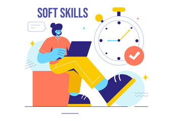 Vector Illustration of Office Workers Demonstrating Soft Skills of Empathy, Communication, Idea Development, Skill, and Education in a Flat Background