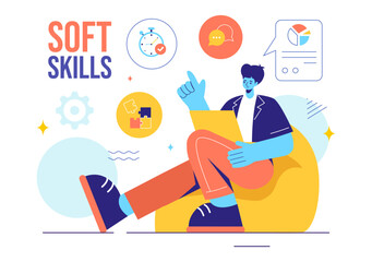 Vector Illustration of Office Workers Demonstrating Soft Skills of Empathy, Communication, Idea Development, Skill, and Education in a Flat Background