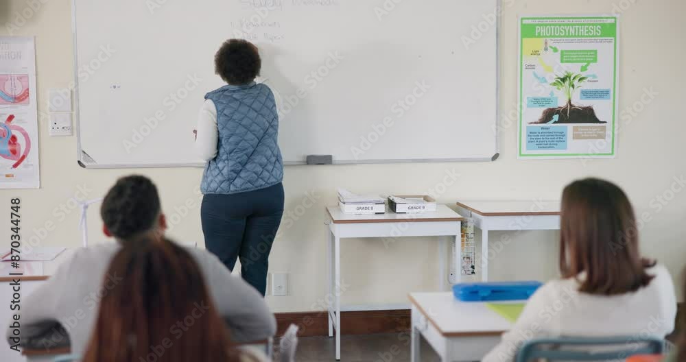 Aufkleber school, classroom and teacher writing on whiteboard for lesson, learning and subject assessment. edu