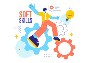 Vector Illustration of Office Workers Demonstrating Soft Skills of Empathy, Communication, Idea Development, Skill, and Education in a Flat Background