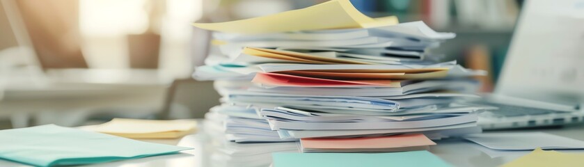 Close-up of a stack of papers, documents, and files on a desk.
