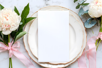 Chic table setting featuring empty menu card with delicate flowers on marble