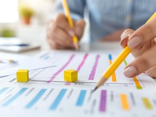 Close-up of a hand analyzing data on a graph with a pencil.