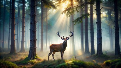A Majestic Red Deer Stands In The Middle Of A Sunlit Forest.