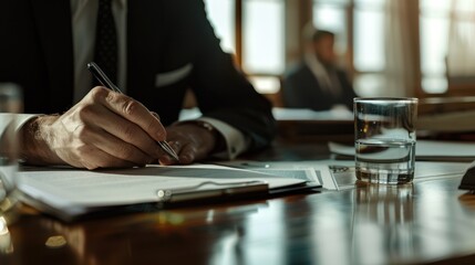 The businessman's hand signing document