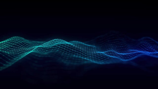 Music color wave of particles and lines. Big data visualization. Abstract blue background with a dynamic wave. 3d rendering.