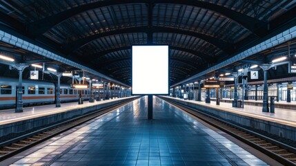 An empty billboard stands prominently on a train station platform, framed by symmetric railway tracks and stationary trains on either side, waiting under a curved metal roof structure
