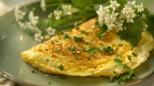 A savory omelette filled with earthy wild dandelion greens and topped with aromatic elderflower blossoms.