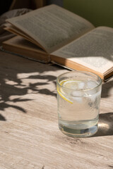 Glass with iced lemon infused water, open book on light brown table background with aesthetic floral sunlight shadows, empty copy space, summer healthy lifestyle concept