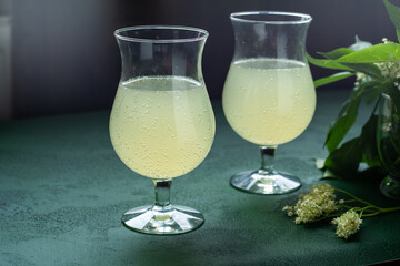 Carbonated elderflower drink. Flower summer kvass in glasses. Sparkling homemade hugo healthy water.