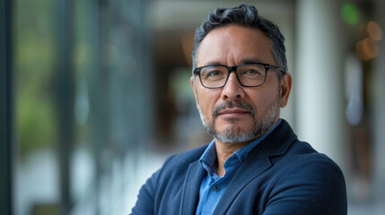 technical researcher portrait of a confident middle-aged Latina man using dark suit and glasses in an authoritative role as a prestigious software outsourcing company
