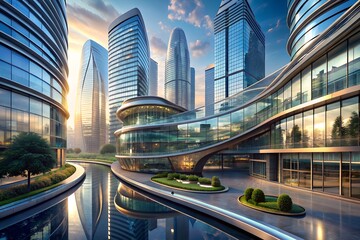 Fototapeta premium Futuristic Architecture with Curved Glass Facade. Modern Cityscape Design and Innovation
