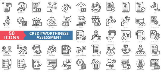 Creditworthiness assessment icon collection set. Containing credit, score, financial statement, income, debt, asset, liability, collateral icon. Simple line vector.