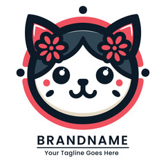 Obraz premium Cute cat logo with floral elements and a sweet expression ideal for feminine and charming brands